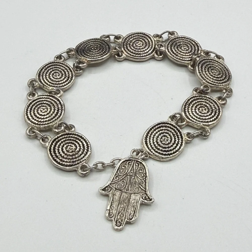 Silver Tone Hamsa Hand Charm Bracelet Spiral Medallion Boho Statement Jewelry